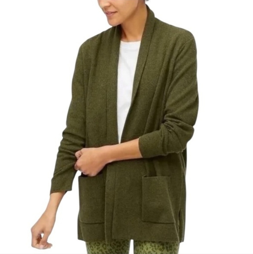 J. CREW Factory Heathered Army Green Sweater Knit Long Open Front Cardigan - M